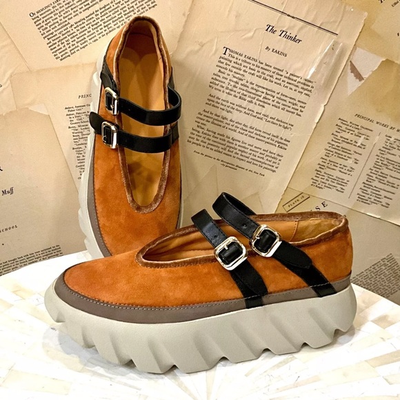 Free People 4CCCCEES Tura Mary Janes Platform Shoe Tan Gold Suede Black - Picture 3 of 12